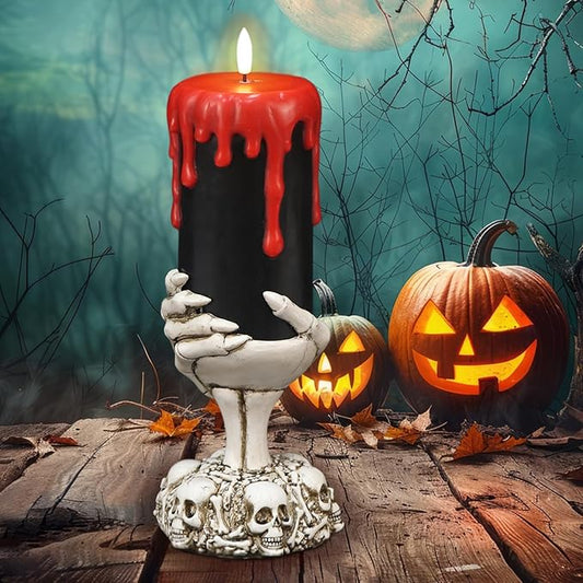 Eldnacele Halloween Flickering Flameless Candles Ghost Hand Candlesticks with Timer,Battery Operated with Red Blood Dripping 3D Wick Black Wax LED Pillar Candles Table Centerpiece Decor(4×11 Inches)