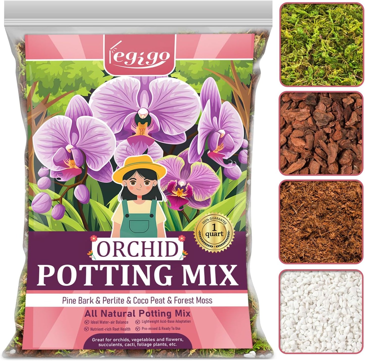Legigo 1 QT Orchid Potting Mix- Natural Orchid Soil Mix for Repotting with Moss, Pine Bark, Coco Peat and Perlite, Enhanced Drainage Orchid Bark Potting Mix Repotting Kit for Indoor Plant Growth