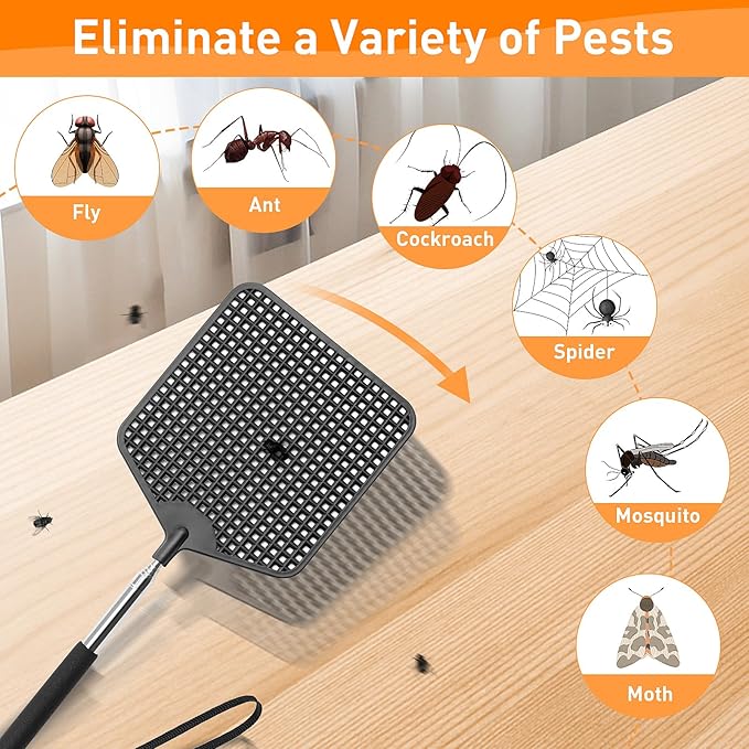 Telescopic Fly Swatters 2 Pack, Premium Plastic Flyswatter, Fly Swatter Heavy Duty for Indoor, Outdoor, Classroom, Stainless Steel Handle（Black）