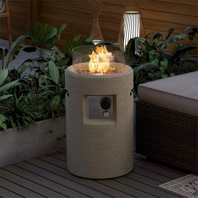 SUNBURY Outdoor Propane Fire Pit, Stone Like Fire Pit Table with Glass Wind Guard, Waterproof Cover, 40000BTUS Small Column Firepit Garden Lighting, CSA Certified (Creamy White)