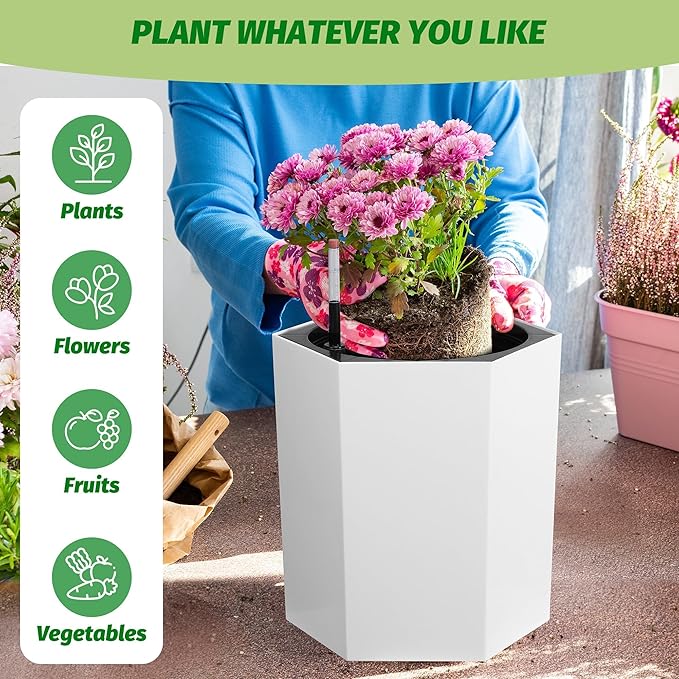 Hexagon Flower Pot, Self-Watering Planter with Water Level Monitoring, Bottom Wheels and Water Outlet, Outdoor & Intdoor Planter Box for Garden, Patio, Balcony, Lounge, White
