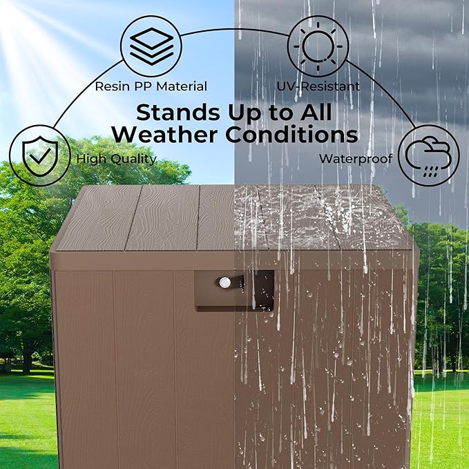 28Gallon Brown Resin Deck Box, Outdoor Storage Box Waterproof Lockable, Patio Square Deck Box For Package Delivery, Outside Storage Box Container for Furniture Cushions, Garden Tools, Pool Accessories