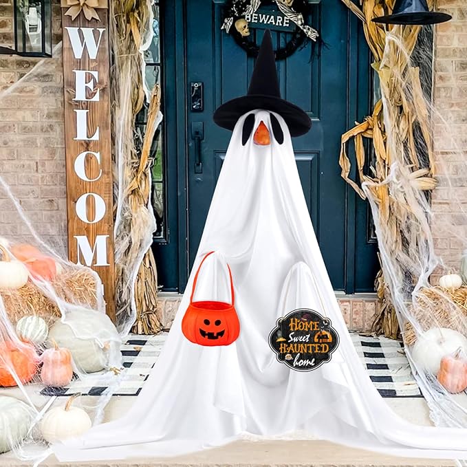 4 Pcs Halloween Porch Goose Outfits Ghost with Accessories Yard Garden Lawn Goose Clothes for Plastic Cement Goose Statue 23" Fall Ghost Porch Goose Costume Set for Patio Outdoor Decoration