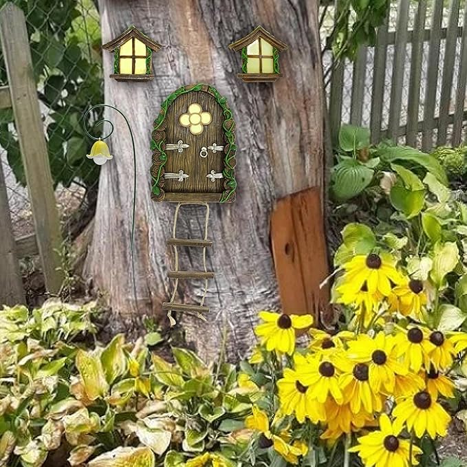 Fairy Door and Windows Garden Kit Accessories Outdoor, Glow in Dark Gnome House for Tree, Lawn Yard Art Sculpture, Miniature Garden Decor (Ladder)