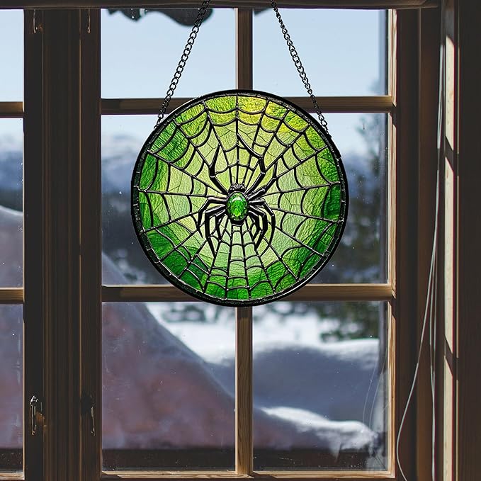 Glass Window Hanging - Black Green Horror Spider Web Suncatcher for Doors Garden Patio Sun Catchers Decor Christmas Halloween Birthday Gifts for Women Men Mom Nana Friend 15 in