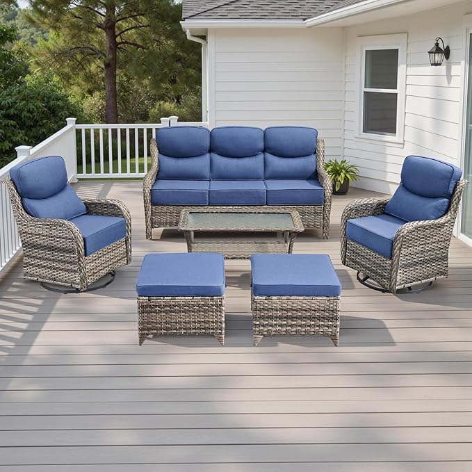 Wicker Outdoor Patio Furniture Set - 6 Piece Patio Conversation Sets with Swivel Rocker Chairs, Ottomans, Sofa and Table, 6 inch Cushions, Deep Seating, for Porch Deck Mixed Grey/Blue