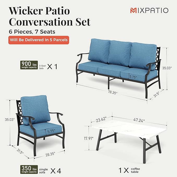 Patio Furniture Set 6 pcs, Outdoor Patio Furniture, 1 X 3-Seat Sofa, 4 X Single Chairs, 1 X Coffee Table and 5.75" Extra Thick Cushion, Patio Conversation Set,Navy Blue