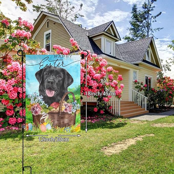 Happy Easter Labrador Dog Lab Black Flower Egg Garden Flag Welcome Party Outdoor Outside Decorations Picks Home House Garden Yard Decor 12x18 Inch