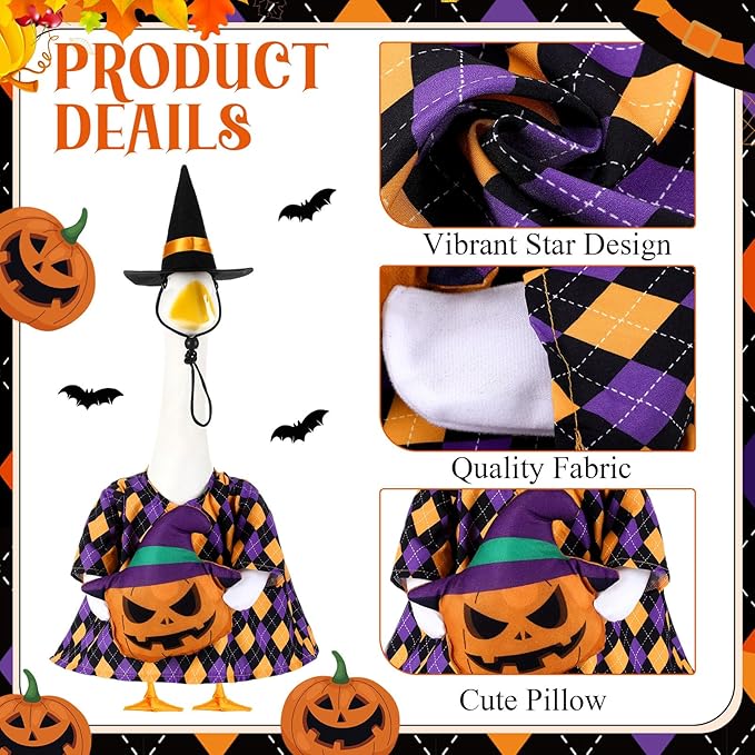 Sanwuta 1 Set Halloween Porch Goose Outfit Pumpkin Pillow Design with Witch Hat for 23" Lawn Cement Goose Porch Geese Clothes Costume for Halloween Garden Patio Yard Outdoor Decorations