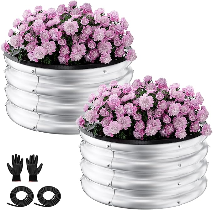 Round Galvanized Raised Garden Bed Kit, 2 Pcs 2 x 2 x 1ft Arian Silver Galvanized Garden Boxes, Outdoor for Vegetables