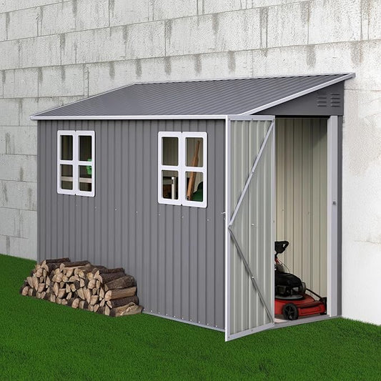 Lean Outdoor Storage Shed with 2 Adjustable Windows, 4x10 FT Heavy-Duty Outdoor Shed w/Reinforced Floor Fram and Lockable Door, Garden Tool Storage Cabinet for Backyard Garden Patio Lawn, Gray