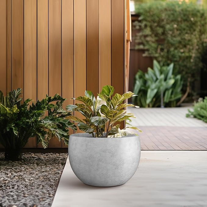 Kante 11.8" Dia Round Concrete Planter, Outdoor/Indoor Large Bowl Plant Pots with Drainage Hole and Rubber Plug for Garden Patio Balcony Home, Natural Concrete