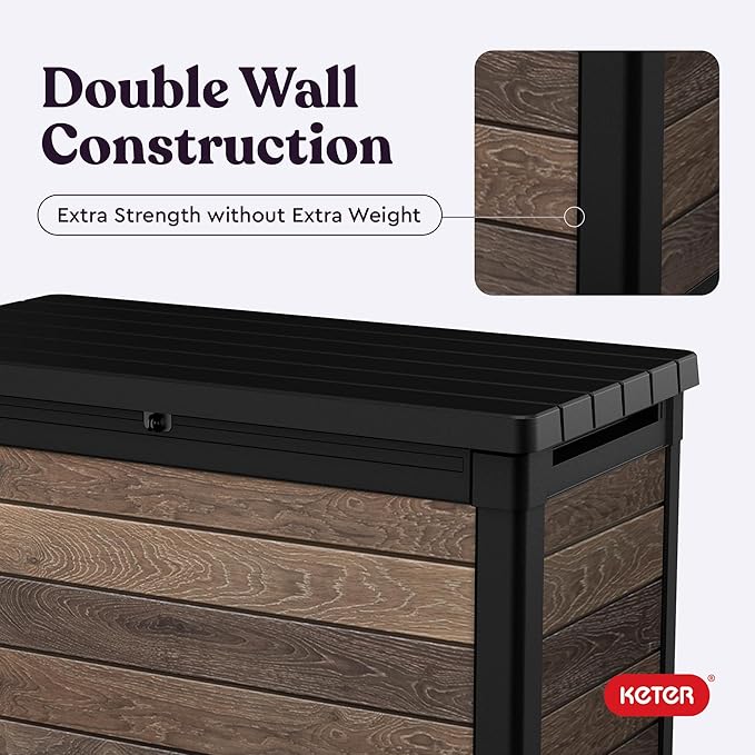 Keter Walnut 100 Gallon Resin Deck Box-Organization and Storage for Patio Furniture Outdoor Cushions, Throw Pillows, Garden Tools and Pool Toys