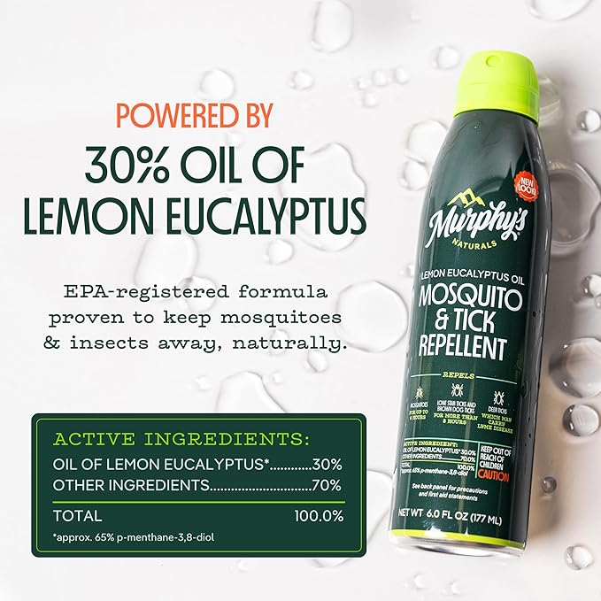 Murphy's Naturals Mosquito & Tick Bug Repellent Spray, Oil of Lemon Eucalyptus for Skin + Outdoor Gear, DEET-Free, 6 Ounce Mist, 2-Pack