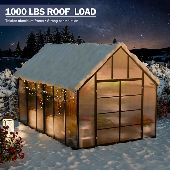 Outdoor Polycarbonate Greenhouse 12x10x10 FT Aluminum Frame Transparent Panels Heavy Duty Green House Kit with Windows Vents Door for Backyard Garden, Large Outsides Walk in Plant Greenhouses,Black