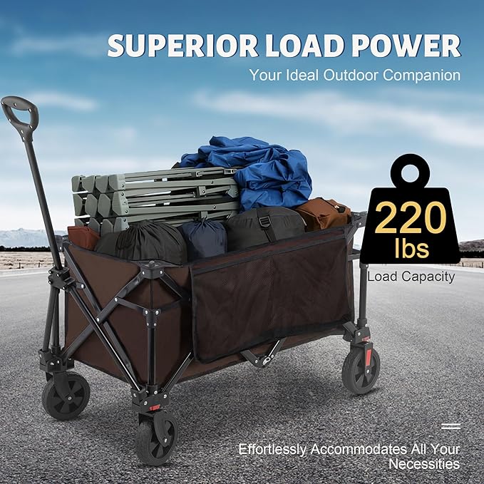 Collapsible Folding Wagon Cart, 220LBS Heavy Duty Foldable Utility Garden Cart with All Terrain Wheels & Side Storage Bag, Portable Sports Wagon for Camping, Shopping, Garden