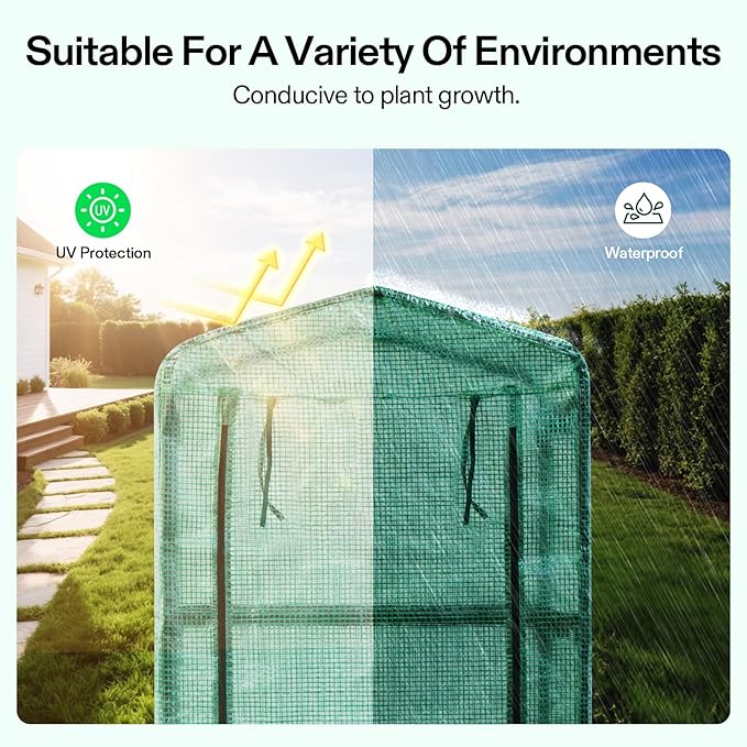 VIVOSUN Mini 4-Tier Greenhouse with Wheels, 27 x 19 x 63-Inch Reusable Portable Warm House with Green PE Cover and Shelf for Compact Garden and Small Backyards, with Wheels
