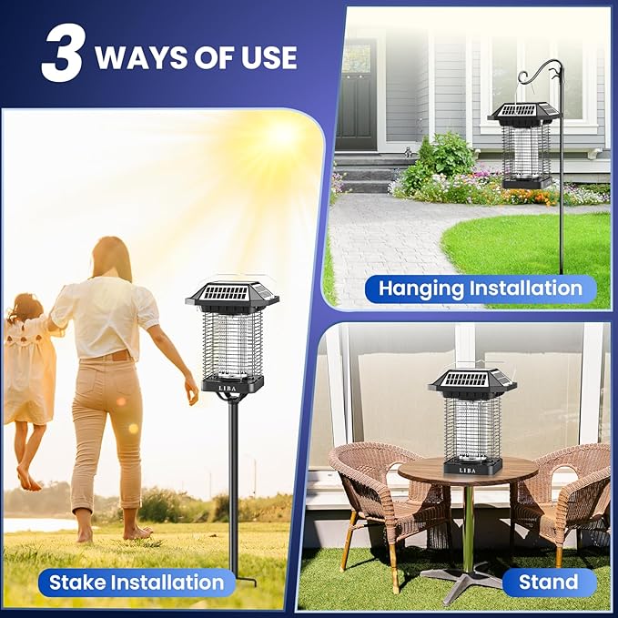 LiBa Solar Bug Zapper Outdoor, 2 in 1 Mosquito Zapper Cordless & Rechargeable, Solar Insect Killer Lamp, 3500V Mosquito Catcher Decor Light for Patio Garden Backyard