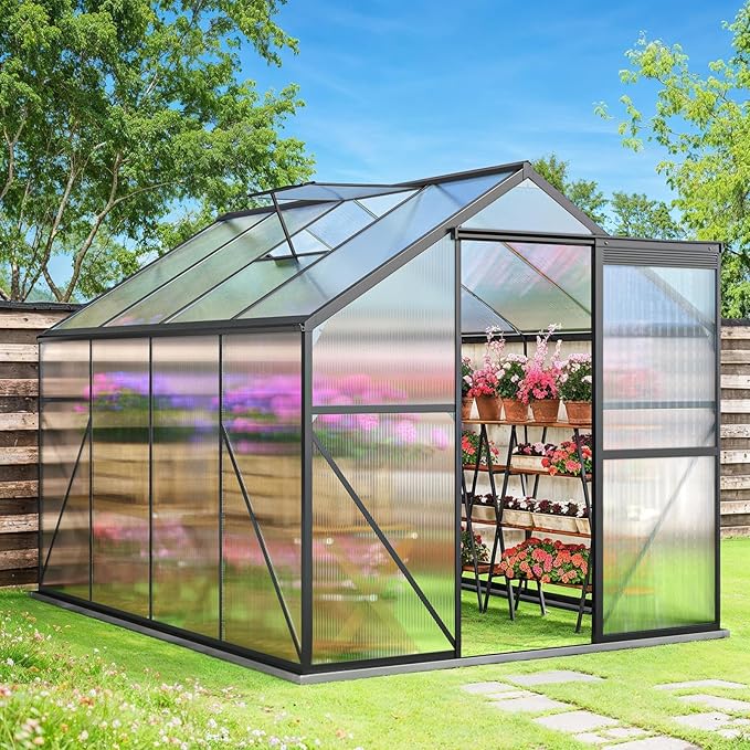 Gizoon 8x6 FT Outdoor Greenhouse, Quick Setup Polycarbonate Greenhouse with Adjustable Roof Vent and Sliding Door, Aluminum Walk-in Greenhouses for Outside Backyard Gardening (Black, 8x6FT)