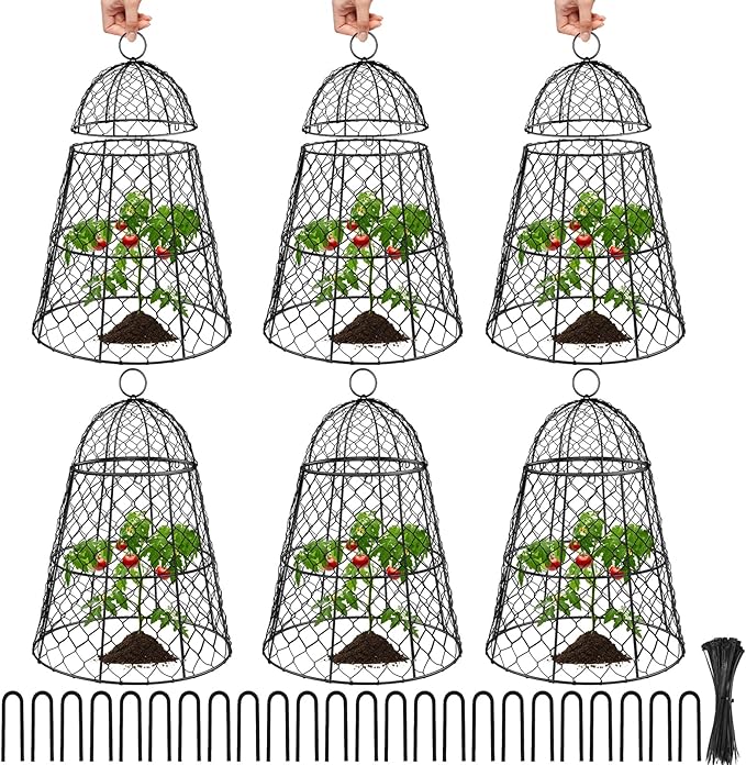 6 Pcs Garden Cloches for Plants, Metal Extra Large Chicken Wire Cloche Plant Covers, Garden Netting Plant Protectors from Animals to Keep Squirrel, Rabbit, Chicken and Bird Out 17" H x 13" D Black