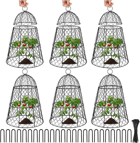 6 Pcs Garden Cloches for Plants, Metal Extra Large Chicken Wire Cloche Plant Covers, Garden Netting Plant Protectors from Animals to Keep Squirrel, Rabbit, Chicken and Bird Out 17" H x 13" D Black