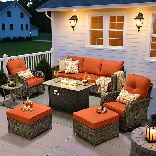 ovios 7 Pieces Patio Furniture Set, Outdoor Wicker Sofa Couch with Rocking Swivel Chairs Fire Pit Table, Modern Deep Seat Rattan Conversation Sets for Porch Deck, Grey