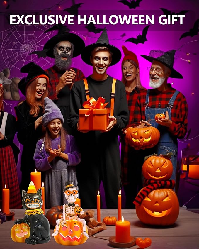 Vintage Halloween Decorations Indoor - 2-Pack 4.7'' Resin Skeleton Gentleman & Black Cat Figurine with Flickering Pumpkin Lights - Halloween Table Decor Ornaments Gifts (Jack-O’-Lantern)