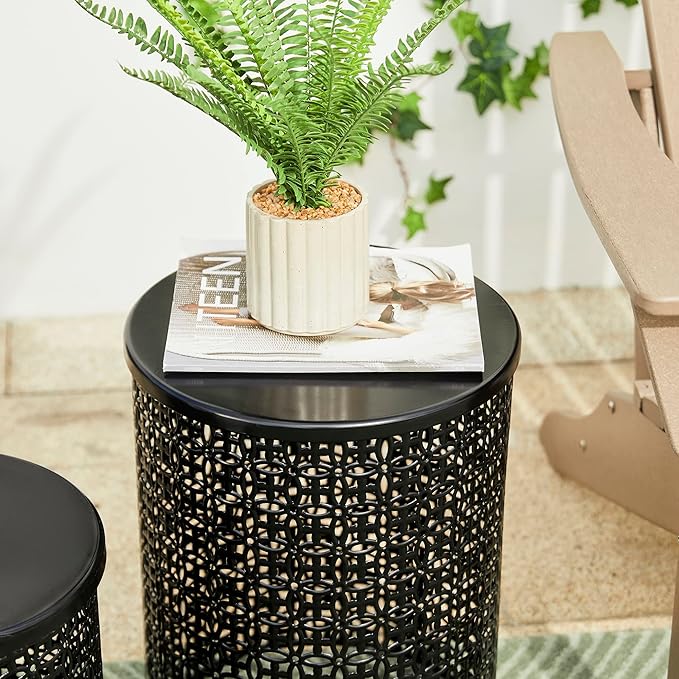 Glitzhome Outdoor Side Table Set of 2, Decorative Garden Stool for Indoor Outdoor Heavy Duty Metal Frame Accent Table Modern End Table, Glossy Black