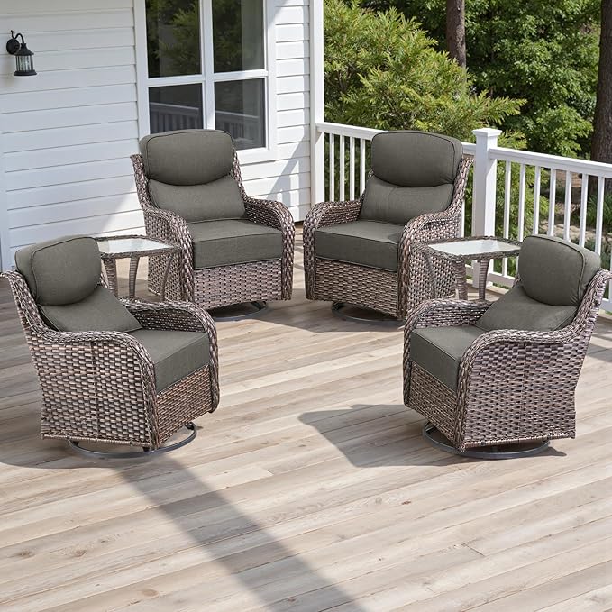 6 Piece Outdoor Patio Swivel Rocker Chairs, Waterproof Wicker, High Back, Deep Seating, Wide Armrest, Upgraded 6 inch Thick Cushions, Side Table, Ideal for Deck Porch Yard, Brown/Grey