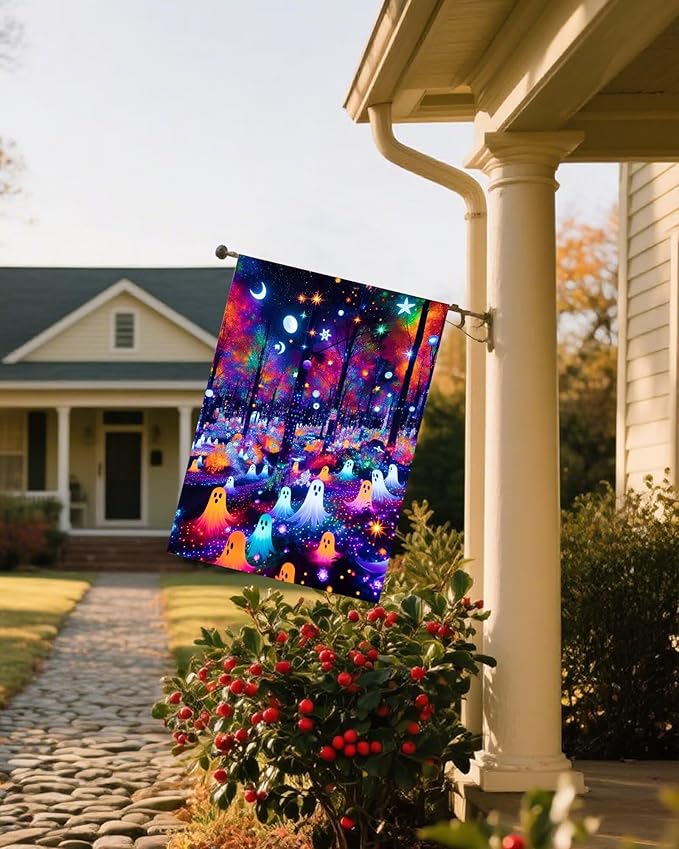 Fantasy Forest Colorful Ghosts Halloween Moon and Stars House Flag 28" x 40" Double Sided Polyester Welcome Large Yard Garden Flag Banners for Patio Lawn Home Outdoor Decor