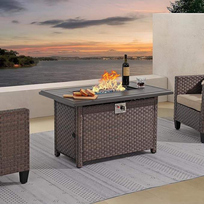 SUNSITT Outdoor Fire Pit Table 43 Inch Wicker Propane Fire Pit with Aluminum Tabletop 50,000 BTU Gas Firepit with Fire Glass, Lid, Cover, Brown Rattan