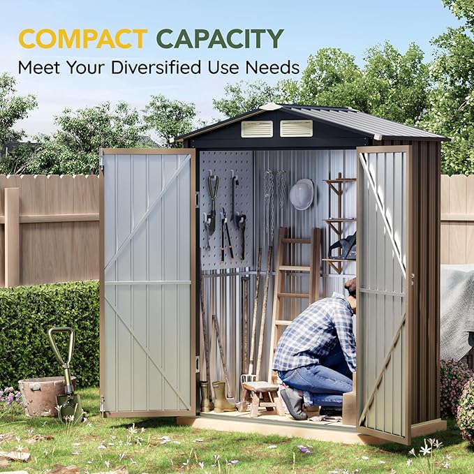 5x3FT Outdoor Steel Storage Shed with Floor Frame, Lockable Doors, Compact Metal Tool Shed for Garden, Backyard, Patio, Utility, and Bike Storage,Brown