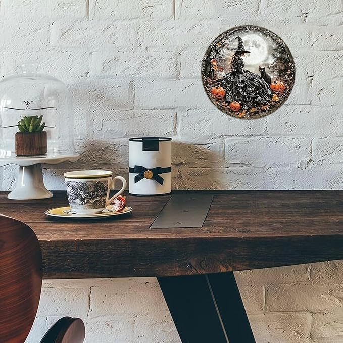 PEACHGARDEN Round Happy Halloween Black Cat Vintage Sign Halloween Witch Metal Tin Sign for Home Bar Kitchen Hotel Dining Room Coffee 8x8inch