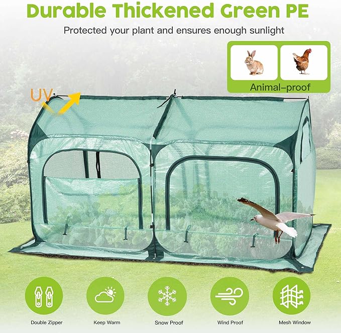 Pop up Greenhouse Tent Cover Tunnel Plant House,Large Gardening Flower Sunshine Room with Mesh Windows,Backyard PE Cover for Cold Frost Protector with Stakes and Rope Guys (Large Size)