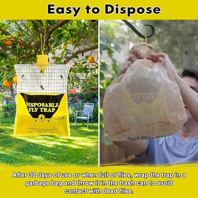 Glovv 10.8 * 12.6 Inch Fly Trap for Patio, Big Bags Outdoor Disposable 6 Pack, Hanging Fly Catcher with Bait, Hunter Stable Horse Ranch Control Repellent Killer for Barn, Farm, Mosquito, Bugs