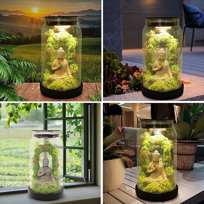 Solar Garden Buddha Statue Outdoor - 9.8'' 15 LED Solar Lights Garden Decor Lucky Zen Unique Birthday Gifts for Women Mom Grandma, Sitting Meditating Figurine Housewarming Gifts for Patio Lawn Yard