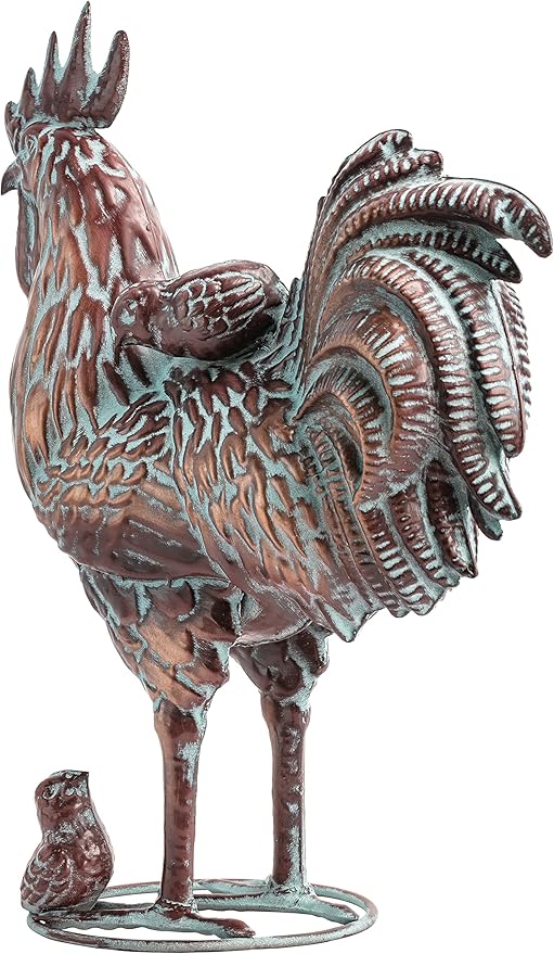 Outdoor Garden Rooster Statue Décor Antique Copper Outdoor Chicken Sculpture Metal Yard Art Figurines Creative Rooster Ornaments for Home Kitchen Patio Farm (Garden Rooster with Chicks Statue)