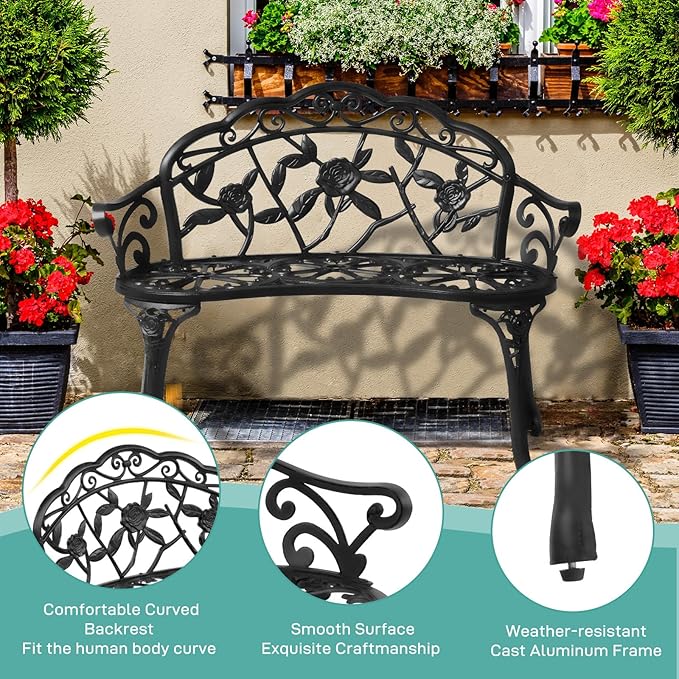 VINGLI 38.5" Patio Park Garden Outdoor Metal Rose Bench,Cast Iron Cast Aluminium Frame Antique Finish Chair,Accented Lawn Front Porch Path Yard Decor Deck Furniture for 2 Person Seat（Black