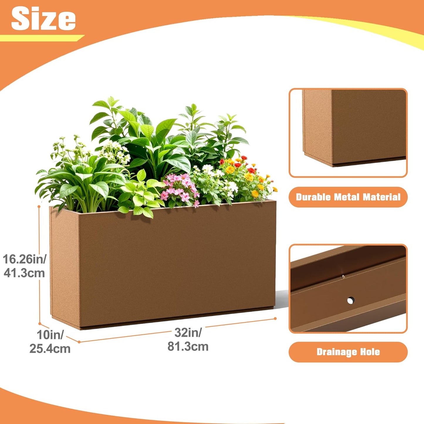 Rectangle Planter for Indoor & Outdoor, Tall and Long Planter Boxes with Drainage Holes, Mental Planter Box All-Weather Use for Plants, Flowers, 32" L x 10" W x 16.3" H, Brown