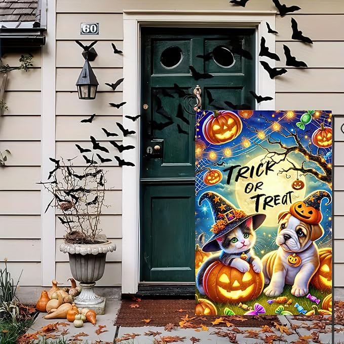Halloween Garden Flag Double Sided 12x18 Flag Halloween Cat Dog Pumpkin Garden Flag Cute Halloween Dressed Kitten And Puppy Trick Or Treat Theme Indoor Outdoor Home Garden Decor Lawn Banner