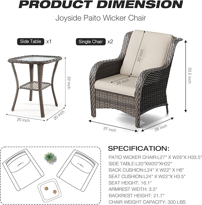 Joyside Patio Bistro Set Wicker Chairs - 3 Piece Outdoor Rattan Conversation Set with 2 Armrest Chair and 1 Side Table for Proch Deck Garden Backyard Balcony(Mixed Grey/Beige)