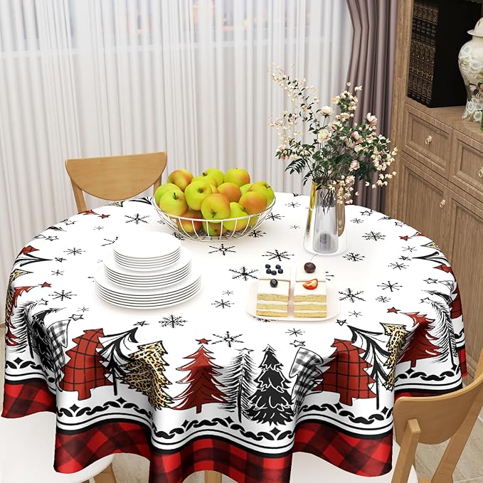 Christmas Round Tablecloth 60 Inch,Rustic Snow Xmas Pine Trees Buffalo Plaid Farmhouse Reusable Wipable Table Cover for Kitchen Party Picnic Dinner Winter Holiday Table Decor