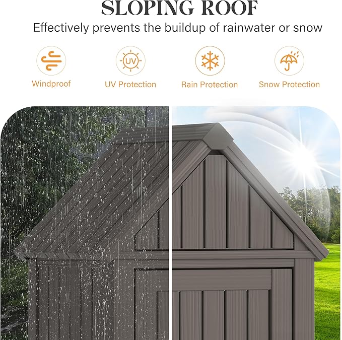 Shed Outdoor Storage Shed with Sloping Roof and Lockable Door, Resin Outdoor Storage Box Cabinet Waterproof and Multiple Hooks for Backyard, Patio, Poolside, Grey