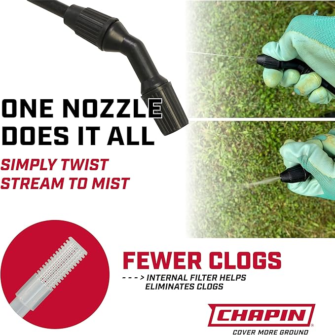 Chapin 16200 2-Gallon Made in USA Garden Pump Sprayer with Ergonomic Handle, Trigger Shut Off, Adjustable Cone Nozzle and in-Tank Filter, for Spraying Weeds, Insects, Fertilizers, Translucent White