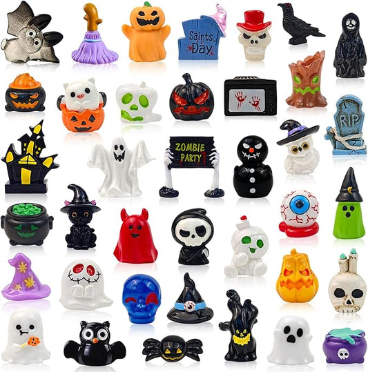 38 Pcs Halloween Mini Resin Figures Tiny Little Pumpkin Ghost Skull Miniature Figurines Bulk for Halloween Party Micro Landscape Fairy Garden Decor