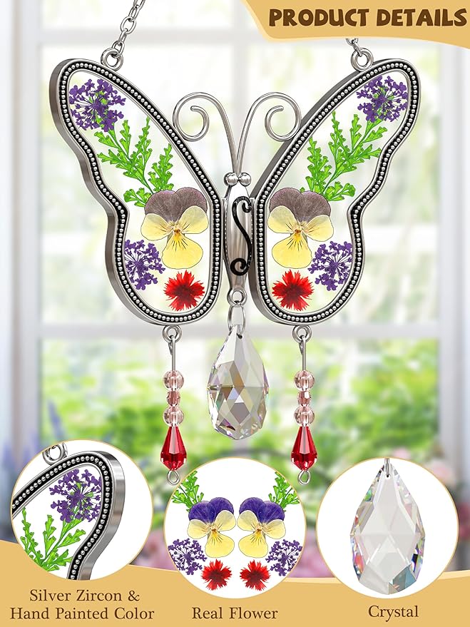 KY&BOSAM Gifts for Mom Family Friends Crystal Butterfly Suncatchers Stained Glass for Windows Wind Chimes Real Flower Colorful Crystal Outdoor for Garden Indoor Home Trees Patio Yard Porch Decor
