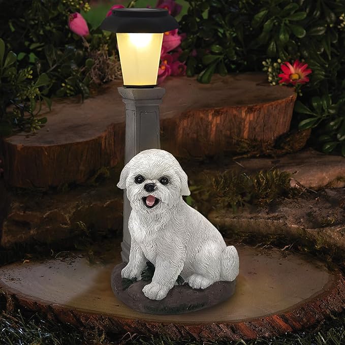 Solar Dog Garden Statues with Lantern, Resin Bichon Dog Sculpture with Warm White Light for Outside Lawn Porch Patio