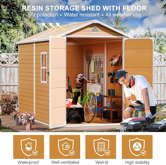 Resin Storage Shed 8 x 6 FT: Outdoor Resin Sheds with Floor, Plastic Waterproof Patio Outdoor Storage Shed with Lockable Door & Windows,Tool Sshed Storage for Garden Backyard Patio Lawn, Brown