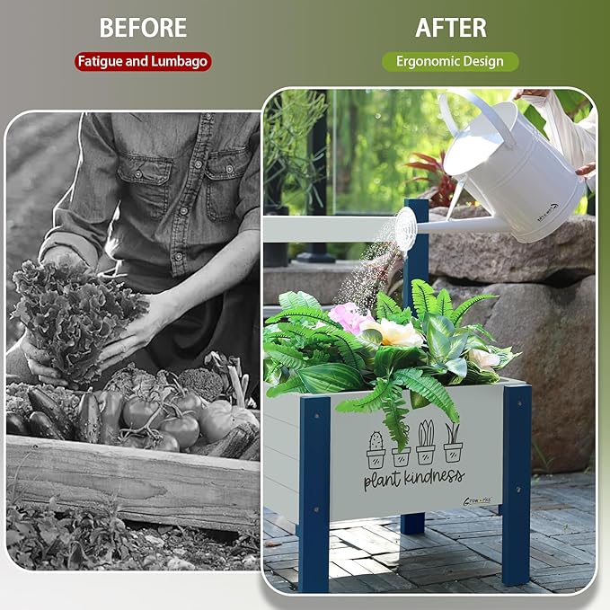 Raised Garden Bed with Trellis Elevated Planter Box with Legs, Drainage Holes for Outdoor Garden, Patio, Natural Wood 17.7”L x 16.1”W x27.6”H (Blue)