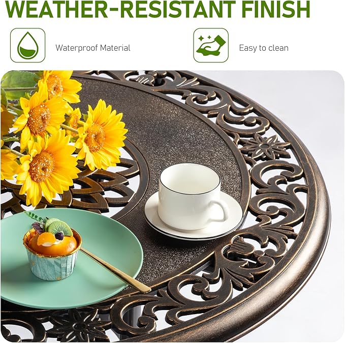 Outvita Outdoor Dining Table, Cast Aluminum Round Patio Bistro Table with Umbrella Hole Weather Resistant Aluminum for Balcony Poolside Garden Lawn